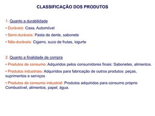 CLASSIFICAÇÃO DOS PRODUTOS
1. Quanto a durabilidade
• Duráveis: Casa, Automóvel
• Semi-duráveis: Pasta de dente, sabonete
• Não-duráveis: Cigarro, suco de frutas, iogurte

2. Quanto a finalidade de compra
• Produtos de consumo: Adquiridos pelos consumidores finais: Sabonetes, alimentos.
• Produtos industriais: Adquiridos para fabricação de outros produtos: peças,
suprimentos e serviços
• Produtos de consumo industrial: Produtos adquiridos para consumo próprio
Combustível, alimentos, papel, água.

 