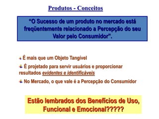 Produtos - Conceitos
“O Sucesso de um produto no mercado está
freqüentemente relacionado a Percepção do seu
Valor pelo Consumidor”.
É mais que um Objeto Tangível
É projetado para servir usuários e proporcionar
resultados evidentes e identificáveis

No Mercado, o que vale é a Percepção do Consumidor

Estão lembrados dos Benefícios de Uso,
Funcional e Emocional?????

 