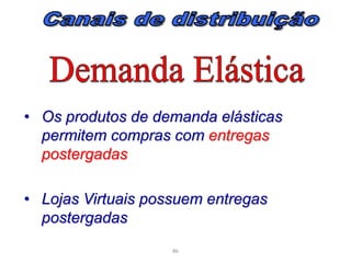 • Os produtos de demanda elásticas
permitem compras com entregas
postergadas
• Lojas Virtuais possuem entregas
postergadas
86

 