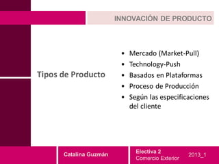 INNOVACIÓN DE PRODUCTO



                         •   Mercado (Market-Pull)
                         •   Technology-Push
Tipos de Producto        •   Basados en Plataformas
                         •   Proceso de Producción
                         •   Según las especificaciones
                             del cliente




                               Electiva 2
      Catalina Guzmán                              2013_1
                               Comercio Exterior
 