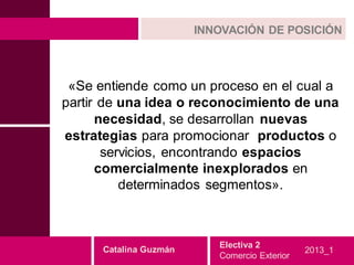 INNOVACIÓN DE POSICIÓN



 «Se entiende como un proceso en el cual a
partir de una idea o reconocimiento de una
      necesidad, se desarrollan nuevas
estrategias para promocionar productos o
       servicios, encontrando espacios
      comercialmente inexplorados en
          determinados segmentos».



                           Electiva 2
      Catalina Guzmán                          2013_1
                           Comercio Exterior
 