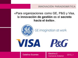 INNOVACIÓN PARADIGMÁTICA

«Para organizaciones como GE, P&G y Visa,
  la innovación de gestión es el secreto
              hacia el éxito».




                         Electiva 2
     Catalina Guzmán                         2013_1
                         Comercio Exterior
 