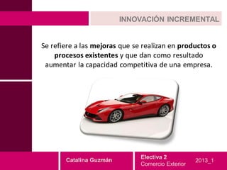 INNOVACIÓN INCREMENTAL


Se refiere a las mejoras que se realizan en productos o
    procesos existentes y que dan como resultado
 aumentar la capacidad competitiva de una empresa.




                               Electiva 2
       Catalina Guzmán                             2013_1
                               Comercio Exterior
 