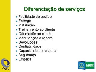Diferenciação de serviços
● Facilidade de pedido
● Entrega
● Instalação
● Treinamento ao cliente
● Orientação ao cliente
● Manutenção e reparo
● Devoluções
● Confiabilidade
● Capacidade de resposta
● Segurança
● Empatia
 