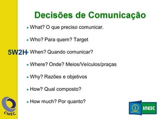 ● What? O que preciso comunicar.
● Who? Para quem? Target
● When? Quando comunicar?
● Where? Onde? Meios/Veículos/praças
● Why? Razões e objetivos
● How? Qual composto?
● How much? Por quanto?
5W2H
 