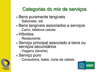 Categorias do mix de serviços
● Bens puramente tangíveis
◦ Sabonete, sal
● Bens tangíveis associados a serviços
◦ Carro, telefone celular
● Híbridos
◦ Restaurante
● Serviço principal associado a bens ou
serviços secundários
◦ Viagens (lanche)
● Serviço puro
◦ Consultoria, babá, corte de cabelo
 
