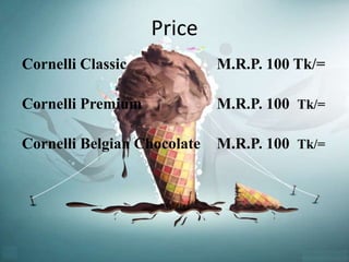 Price 
Cornelli Classic M.R.P. 100 Tk/= 
Cornelli Premium M.R.P. 100 Tk/= 
Cornelli Belgian Chocolate M.R.P. 100 Tk/= 
 