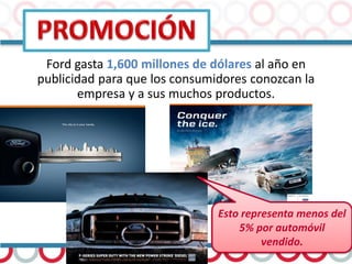 Ford gasta 1,600 millones de dólares al año en
publicidad para que los consumidores conozcan la
empresa y a sus muchos productos.
Esto representa menos del
5% por automóvil
vendido.
 