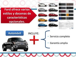 Ford ofrece varios
estilos y docenas de
características
opcionales.
INCLUYE:
• Servicio completo
• Garantía amplia
Automóvil
 