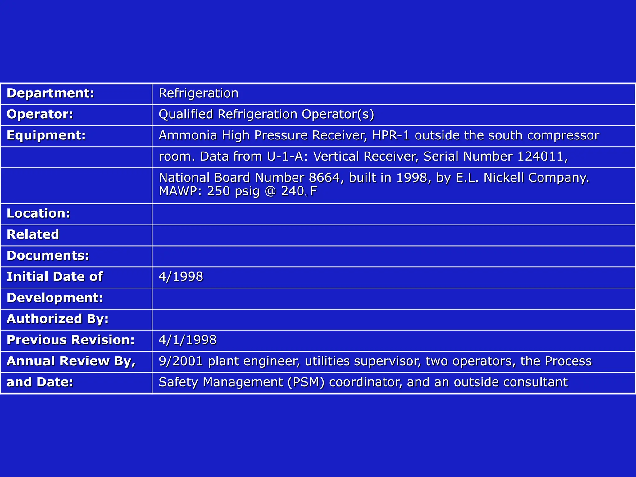 Department: Refrigeration
Operator: Qualified Refrigeration Operator(s)
Equipment: Ammonia High Pressure Receiver, HPR-1 outside the south compressor
room. Data from U-1-A: Vertical Receiver, Serial Number 124011,
National Board Number 8664, built in 1998, by E.L. Nickell Company.
MAWP: 250 psig @ 240｡F
Location:
Related
Documents:
Initial Date of 4/1998
Development:
Authorized By:
Previous Revision: 4/1/1998
Annual Review By, 9/2001 plant engineer, utilities supervisor, two operators, the Process
and Date: Safety Management (PSM) coordinator, and an outside consultant
 