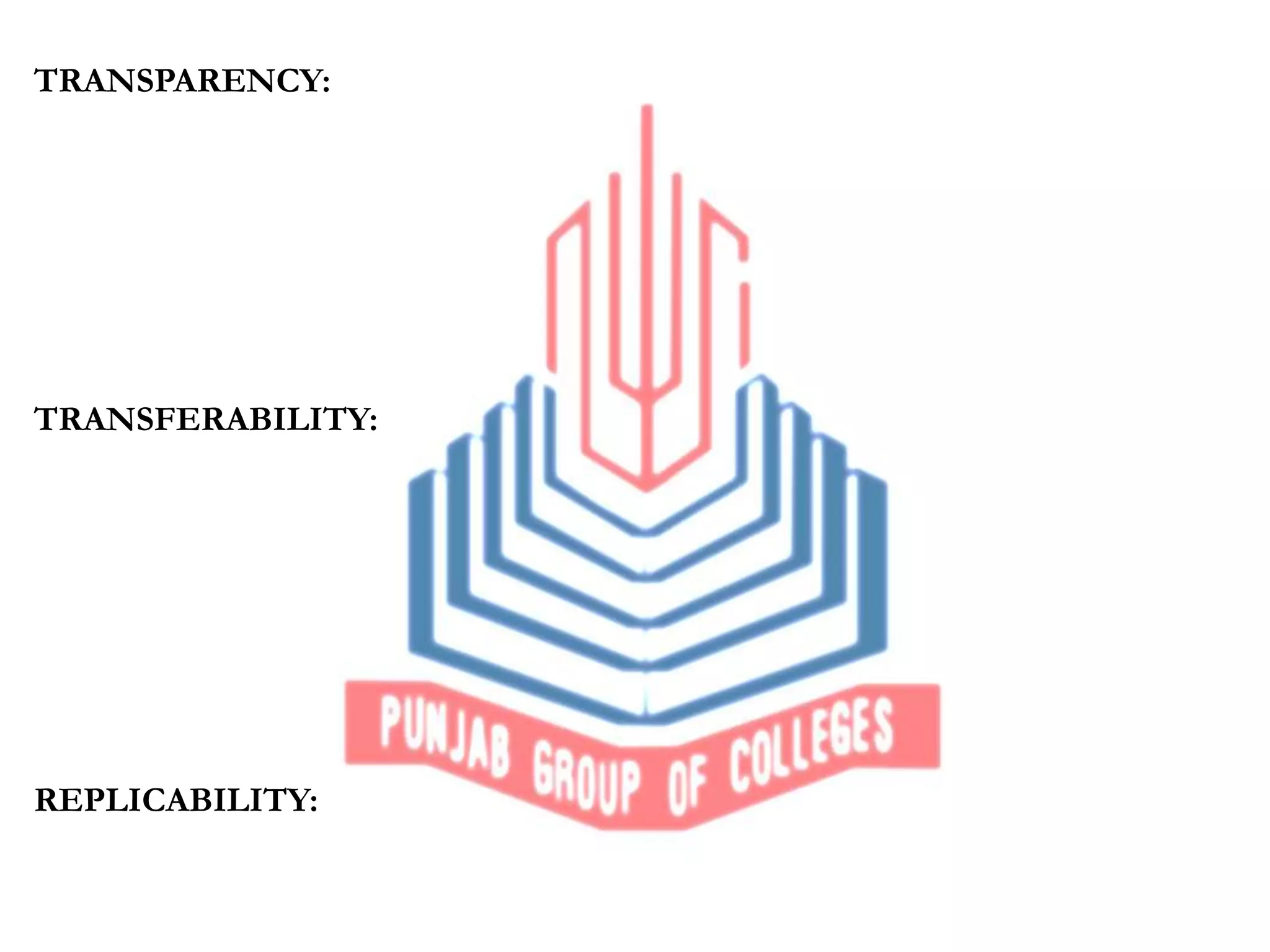 TRANSPARENCY:
TRANSFERABILITY:
REPLICABILITY: