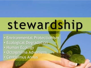 stewardship
• Environmental Protectionism
• Ecological Degradation
• Human Ecology
• Octogesima Adveniens
• Centisimus Annus
 