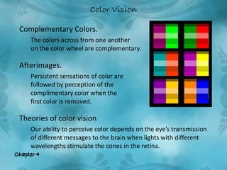 <ul><li>Complementary Colors. </li></ul><ul><ul><li>The colors across from one another  on the color wheel are complementa...