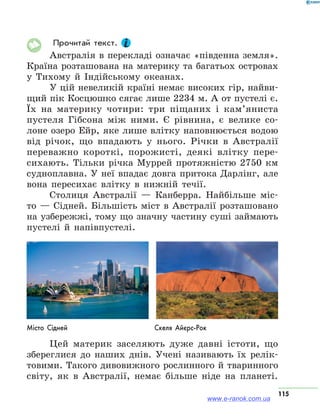 115
Прочитай текст.
Австралія в перекладі означає «південна земля».
Країна розташована на материку та багатьох островах
у Тихому й Індійському океанах.
У цій невеликій країні немає високих гір, найви-
щий пік Косцюшко сягає лише 2234 м. А от пустелі є.
Їх на материку чотири: три піщаних і кам’яниста
пустеля Гібсона між ними. Є рівнина, є велике со-
лоне озеро Ейр, яке лише влітку наповнюється водою
від річок, що впадають у нього. Річки в Австралії
переважно короткі, порожисті, деякі влітку пере-
сихають. Тільки річка Муррей протяжністю 2750 км
судноплавна. У неї впадає довга притока Дарлінг, але
вона пересихає влітку в нижній течії.
Столиця Австралії — Канберра. Найбільше міс-
то — Сідней. Більшість міст в Австралії розташовано
на узбережжі, тому що значну частину суші займають
пустелі й напівпустелі.
Місто Сідней Скеля Айєрс-Рок
Цей материк заселяють дуже давні істоти, що
збереглися до наших днів. Учені називають їх релік-
товими. Такого дивовижного рослинного й тваринного
світу, як в Австралії, немає більше ніде на планеті.
www.e-ranok.com.ua
 