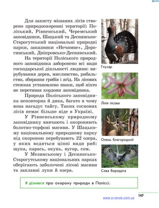 147
Для захисту мішаних лісів ство­-
ре­но природоохоронні території: По-
ліський, Рівненський, Черемський
заповідники, Шацький та Деснянсько-
Старогутський національні природні
парки, заказники «Нечимне», Доро-
гинський, Дніпровсько-Деснянський.
На території Поліського природ-
ного заповідника заборонено всі види
господарської діяльності людини: ви-
рубування дерев, мисливство, рибаль-
ство, збирання грибів і ягід. На лісових
стежках установлено знаки, щоб ніхто
не перетинав кордони заповідника.
Природа Поліського заповідни-
ка неповторна й дика, багато в чому
вона нагадує тайгу. Таких соснових
лісів немає більше ніде в Україні.
У Рівненському природному
заповіднику вивчають і охороняють
болотно-торфові масиви. У Шацько-
му національному природному парку
під охороною перебувають 22 озера,
у яких водяться цінні види риб:
щука, карась, окунь, вугор, сом.
У Мезинському і Деснянсько-
Старогутському національних парках
оберігають заболочені лісові масиви
та заплавні луки й озера.
Я дізнався про охорону природи в Поліссі.
Глухар
Лілія лісова
Олень благородний
Сова бородата
www.e-ranok.com.ua
 