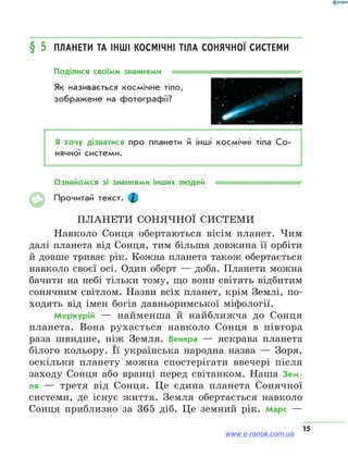 15
§ 5	 Планети та інші космічні тіла Сонячної системи
Поділися своїми знаннями
Як називається космічне тіло,
зображене на фотографії?
Я хочу дізнатися про планети й інші космічні тіла Со­
нячної системи.
Ознайомся зі знаннями інших людей
Прочитай текст.
Планети Сонячної системи
Навколо Сонця обертаються вісім планет. Чим
далі планета від Сонця, тим більша довжина її орбіти
й довше триває рік. Кожна планета також обертається
навколо своєї осі. Один оберт — доба. Планети можна
бачити на небі тільки тому, що вони світять відбитим
сонячним світлом. Назви всіх планет, крім Землі, по-
ходять від імен богів давньоримської міфології.
Меркурій — найменша й найближча до Сонця
планета. Вона рухається навколо Сонця в півтора
раза швидше, ніж Земля. Венера — яскрава планета
білого кольору. Її українська народна назва — Зоря,
оскільки планету можна спостерігати ввечері після
заходу Сонця або вранці перед світанком. Наша Зем-
ля — третя від Сонця. Це єдина планета Сонячної
системи, де існує життя. Земля обертається навколо
Сонця приблизно за 365 діб. Це земний рік. Марс —
www.e-ranok.com.ua
 