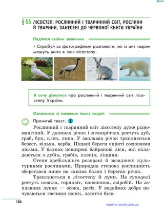 150
§ 55	Лісостеп: рослинний і тваринний світ, рослини
й тварини, занесені до Червоної книги України
Поділися своїми знаннями
* Спробуй за фотографіями розповісти, які із цих тварин
можуть жити в зоні лісостепу.
Я хочу дізнатися про рослинний і тваринний світ лісо­
степу України.
Ознайомся зі знаннями інших людей
Прочитай текст.
Рослинний і тваринний світ лісостепу дуже різно-
манітний. У долинах річок і межиріччях ростуть дуб,
граб, бук, клен, липа. У заплавах річок трапляються
берест, вільха, верба. Піщані береги вкриті сосновими
лісами. У балках поширені байракові ліси, які скла-
даються з дубів, грабів, кленів, ліщини.
Степи здебільшого розорані й засаджені куль-
турними рослинами. Природна степова рослинність
збереглася лише на схилах балок і берегах річок.
Трапляються в лісостепу й луки. На суходолі
ростуть ковила, горицвіт, конюшина, звіробій. На за-
плавних луках — осока, рогіз. У водоймах добре по-
чуваються глечики жовті, латаття біле.
www.e-ranok.com.ua
 