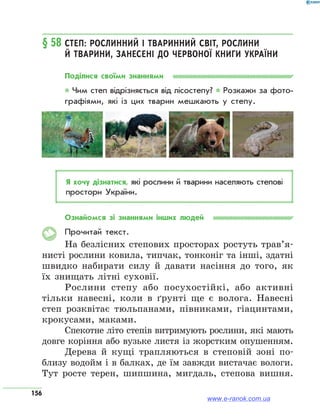 156
§ 58	Степ: рослинний і тваринний світ, рослини
й тварини, занесені до Червоної книги України
Поділися своїми знаннями
* Чим степ відрізняється від лісостепу? * Розкажи за фото­
графіями, які із цих тварин мешкають у степу.
Я хочу дізнатися, які рослини й тварини населяють степові
простори України.
Ознайомся зі знаннями інших людей
Прочитай текст.
На безлісних степових просторах ростуть трав’я­
нисті рослини ковила, типчак, тонконіг та інші, здатні
швидко набирати силу й давати насіння до того, як
їх знищать літні суховії.
Рослини степу або посухостійкі, або активні
тільки навесні, коли в ґрунті ще є волога. Навесні
степ розквітає тюльпанами, півниками, гіацинтами,
крокусами, маками.
Спекотне літо степів витримують рослини, які мають
довге коріння або вузьке листя із жорстким опушенням.
Дерева й кущі трапляються в степовій зоні по-
близу водойм і в балках, де їм завжди вистачає вологи.
Тут росте терен, шипшина, мигдаль, степова вишня.
www.e-ranok.com.ua
 