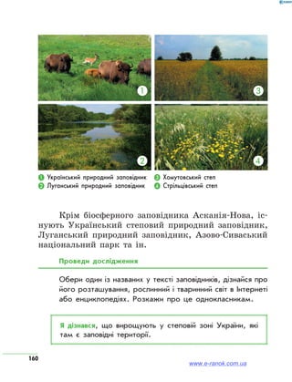 160
Крім біосферного заповідника Асканія-Нова, іс-
нують Український степовий природний заповідник,
Луганський природний заповідник, Азово-Сиваський
національний парк та ін.
Проведи дослідження
Обери один із названих у тексті заповідників, дізнайся про
його розташування, рослинний і тваринний світ в Інтернеті
або енциклопедіях. Розкажи про це однокласникам.
Я дізнався, що вирощують у степовій зоні України, які
там є заповідні території.
❶ Український природний заповідник
❷ Луганський природний заповідник
❸ Хомутовський степ
❹ Стрільцівський степ
❶ ❸
❷ ❹
www.e-ranok.com.ua
 