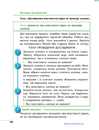 180
Проведи дослідження
Тема: «Дослідження властивостей рідин на прикладі молока».
Мета: дізнатися про властивості рідин на прикладі
молока.
Для виконання проекту потрібне свіже коров’яче моло­
ко, яке не піддавалося термічній обробці. Робота три­
ватиме понад добу, тому виконайте її вдома. Залучіть
до експерименту батьків або старших брата чи сестру.
План проведення дослідження
	 Залиште молоко в холодильнику на кілька годин.
Зверху збереться молочний жир, який називають
вершками. Це в основному молочні жири.
ŠŠ 	 Яку властивість молока ви виявили?
	 Залиште молоко в теплому приміщенні на добу. Воно
скисне, утвориться кисле молоко. Розгляньте його.
Якщо зібрати молочні жири з кислого молока, мож­
на отримати сметану.
	 Із вершків і зі сметани можна збиванням виділити
жир. Це вершкове масло.
ŠŠ Яку властивість молока ви виявили?
	 Нагрійте кисле молоко, але не кип’ятіть. Утвориться
сир. Відкиньте його на сито. Рідину, що відділила­
ся, називають сироваткою. Вона складається з води
й мінеральних речовин — солей.
ŠŠ Яку властивість молока ви виявили?
Зроби висновки
Результат дослідження: розкажіть про властивості рідини,
які ви підтвердили експериментально.
1
2
3
4
www.e-ranok.com.ua
 