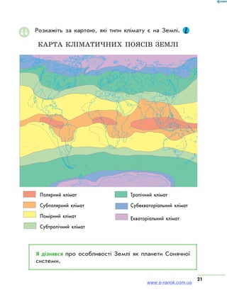 21
Розкажіть за картою, які типи клімату є на Землі.
карта Кліматичних поясів Землі
Полярний клімат
Субполярний клімат
Помірний клімат
Субтропічний клімат
Тропічний клімат
Субекваторіальний клімат
Екваторіальний клімат
Я дізнався про особливості Землі як планети Сонячної
системи.
www.e-ranok.com.ua
 