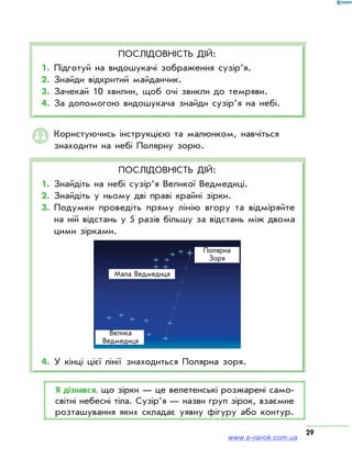 29
Послідовність дій:
1.	Підготуй на видошукачі зображення сузір’я.
2.	Знайди відкритий майданчик.
3.	Зачекай 10 хвилин, щоб очі звикли до темряви.
4.	За допомогою видошукача знайди сузір’я на небі.
Користуючись інструкцією та малюнком, навчіться
знаходити на небі Полярну зорю.
Послідовність дій:
1.	Знайдіть на небі сузір’я Великої Ведмедиці.
2.	Знайдіть у ньому дві праві крайні зірки.
3.	Подумки проведіть пряму лінію вгору та відміряйте
на ній відстань у 5 разів більшу за відстань між двома
цими зірками.
Велика
Ведмедиця
Полярна
Зоря
Мала Ведмедиця
4.	У кінці цієї лінії знаходиться Полярна зоря.
Я дізнався, що зірки — це велетенські розжарені само­
світні небесні тіла. Сузір’я — назви груп зірок, взаємне
розташування яких складає уявну фігуру або контур.
www.e-ranok.com.ua
 