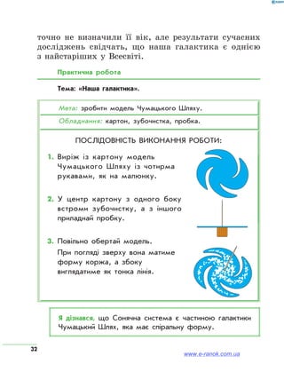 32
точно не визначили її вік, але результати сучасних
досліджень свідчать, що наша галактика є однією
з найстаріших у Всесвіті.
Практична робота
Тема: «Наша галактика».
Мета: зробити модель Чумацького Шляху.
Обладнання: картон, зубочистка, пробка.
Послідовність виконання роботи:
1.	Виріж із картону модель
Чумацького Шляху із чотирма
рукавами, як на малюнку.
2.	У центр картону з одного боку
встроми зубочистку, а з іншого
приладнай пробку.
3.	Повільно обертай модель.
При погляді зверху вона матиме
форму коржа, а збоку
виглядатиме як тонка лінія.
Я дізнався, що Сонячна система є частиною галактики
Чумацький Шлях, яка має спіральну форму.
www.e-ranok.com.ua
 