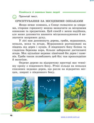 46
Ознайомся зі знаннями інших людей
Прочитай текст.
Орієнтування за місцевими ознаками
Якщо немає компаса, а Сонце сховалося за хмара-
ми, сторони горизонту можна визначити за місцевими
ознаками та предметами. Цей спосіб є менш надійним,
але може допомогти виявити місцезнаходження й ви-
значити напрямок руху.
У лісі нам допоможуть дерева, гриби, мурашники,
пеньки, мохи та ягоди. Мурашники розташовані на
південь від дерев і кущів. З південного боку біліша та
гладкіша березова кора, більше забарвлені достигаючі
ягоди. Мох щільніше вкриває північний бік дерев і каме-
нів. Гриби також полюбляють цей бік: там прохолодніше
й вологіше.
Окреме дерево на відкритому просторі має темні-
шу крону з південного боку. Річні кільця на пеньках
спиляних недавно дерев, що росли на відкритих міс-
цях, ширші з південного боку.
www.e-ranok.com.ua
 
