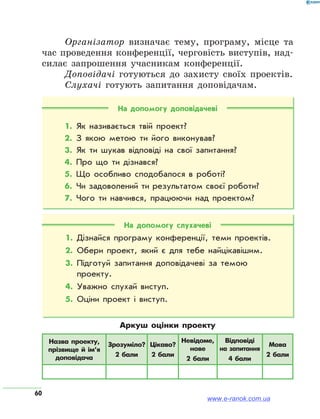 60
Організатор визначає тему, програму, місце та
час проведення конференції, черговість виступів, над-
силає запрошення учасникам конференції.
Доповідачі готуються до захисту своїх проектів.
Слухачі готують запитання доповідачам.
На допомогу доповідачеві
1.	Як називається твій проект?
2.	З якою метою ти його виконував?
3.	Як ти шукав відповіді на свої запитання?
4.	Про що ти дізнався?
5.	Що особливо сподобалося в роботі?
6.	Чи задоволений ти результатом своєї роботи?
7.	Чого ти навчився, працюючи над проектом?
На допомогу слухачеві
1.	Дізнайся програму конференції, теми проектів.
2.	Обери проект, який є для тебе найцікавішим.
3.	Підготуй запитання доповідачеві за темою
проекту.
4.	Уважно слухай виступ.
5.	Оціни проект і виступ.
Аркуш оцінки проекту
Назва проекту,
прізвище й ім’я
доповідача
Зрозуміло?
2 бали
Цікаво?
2 бали
Невідоме,
нове
2 бали
Відповіді
на запитання
4 бали
Мова
2 бали
www.e-ranok.com.ua
 
