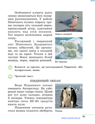 73
Особливості клімату цього
океану визначаються його поляр-
ним розташуванням. У районі
Північного полюса півроку три-
ває полярна ніч; сильний мороз,
пронизливий вітер, хур­товини
панують над усім океаном.
Усе вкрито величезним шаром
льоду.
Рослинний і тваринний
світ Північного Льодовитого
океану небагатий. Це організ-
ми, які здатні жити в холодній
воді та на кризі. Тільки в цій
частині Землі мешкають білий
ведмідь, морж, мартин рожевий.
Визначте за картою, де розташований Південний, або
Антарктичний, океан.
Прочитай текст.
Південний океан
Води Південного океану
оми­вають Антарктиду. На узбе-
режжі панує сувора стихія. Цілий
рік тут дуже холодно, вітряно
й похмуро. Узимку температура
повітря сягає 60–65 гра­дусів
нижче нуля.
Південним океаном руха-
ється велика кількість айсбергів,
Мартин рожевий
Білі ведмеді
www.e-ranok.com.ua
 