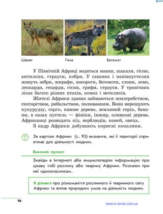 96
У Північній Африці водяться мавпи, шакали, гієни,
антилопи, страуси, кобри. У саванах і напівпустелях
живуть зебри, жирафи, носороги, бегемоти, слони, леви,
леопарди, гепарди, гієни, грифи, страуси. У тропічних
лісах багато різних птахів, комах і метеликів.
Жителі Африки здавна займаються землеробством,
скотарством, рибальством, полюванням. Вони вирощують
кукурудзу, сорго, кавове дерево, земляний горіх, бана-
ни, в оазах пустель — фініки, інжир, оливкові дерева.
Африканці розводять кіз, верблюдів, коней, овець.
З надр Африки добувають корисні копалини.
За картою Африки (с. 93) визначте, які її території спри­
ятливі для діяльності людини.
Виконай проект
Знайди в Інтернеті або енциклопедіях інформацію про
цікаву тобі рослину або тварину Африки. Розкажи про
неї однокласникам.
Я дізнався про різноманіття рослинного й тваринного світу
Африки та вплив природних умов на діяльність людини.
Шакал	Гієна	Бегемот	
www.e-ranok.com.ua
 