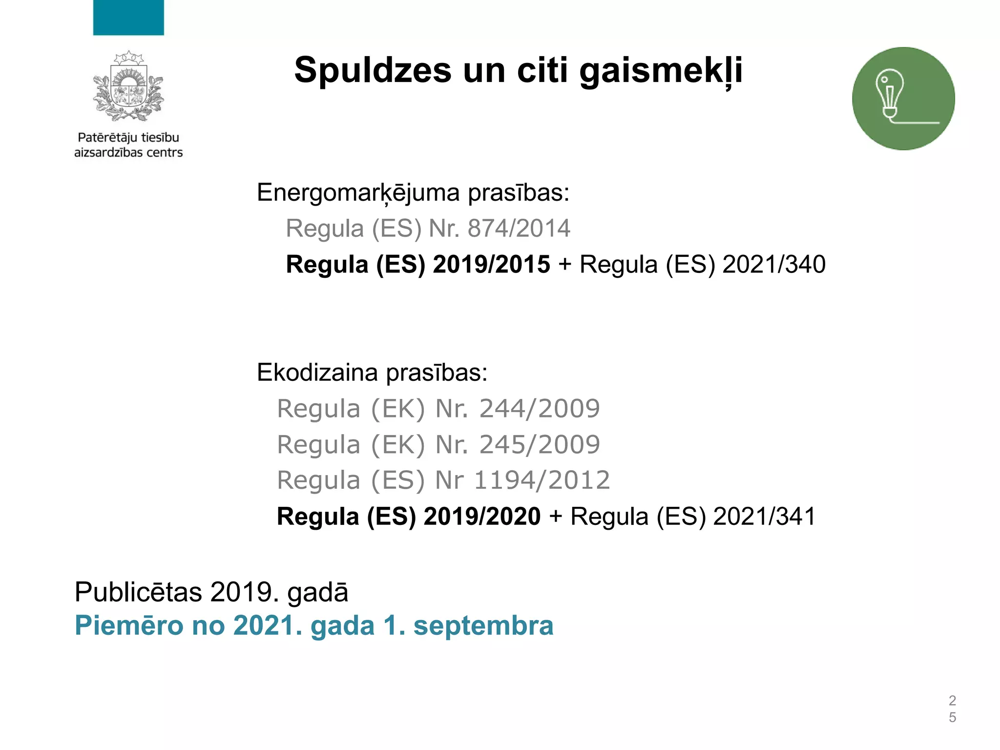 Spuldzes un citi gaismekļi
Energomarķējuma prasības:
Regula (ES) Nr. 874/2014
Regula (ES) 2019/2015 + Regula (ES) 2021/340
Ekodizaina prasības:
Regula (EK) Nr. 244/2009
Regula (EK) Nr. 245/2009
Regula (ES) Nr 1194/2012
Regula (ES) 2019/2020 + Regula (ES) 2021/341
2
5
Publicētas 2019. gadā
Piemēro no 2021. gada 1. septembra
 