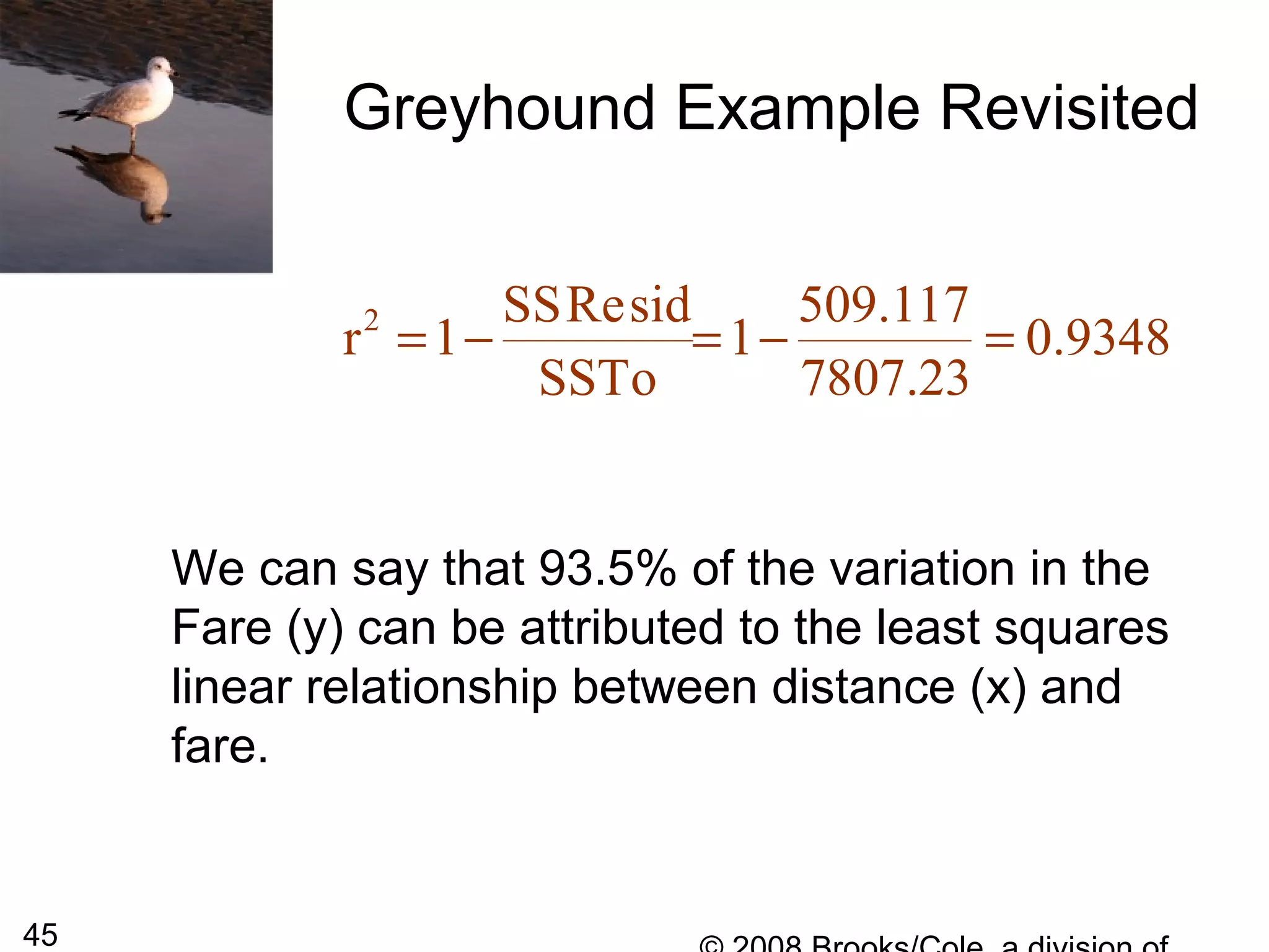 45
We can say that 93.5% of the variation in the
Fare (y) can be attributed to the least squares
linear relationship between distance (x) and
fare.
Greyhound Example Revisited
2 SSResid 509.117
r 1 1 0.9348
SSTo 7807.23
= − = − =
 