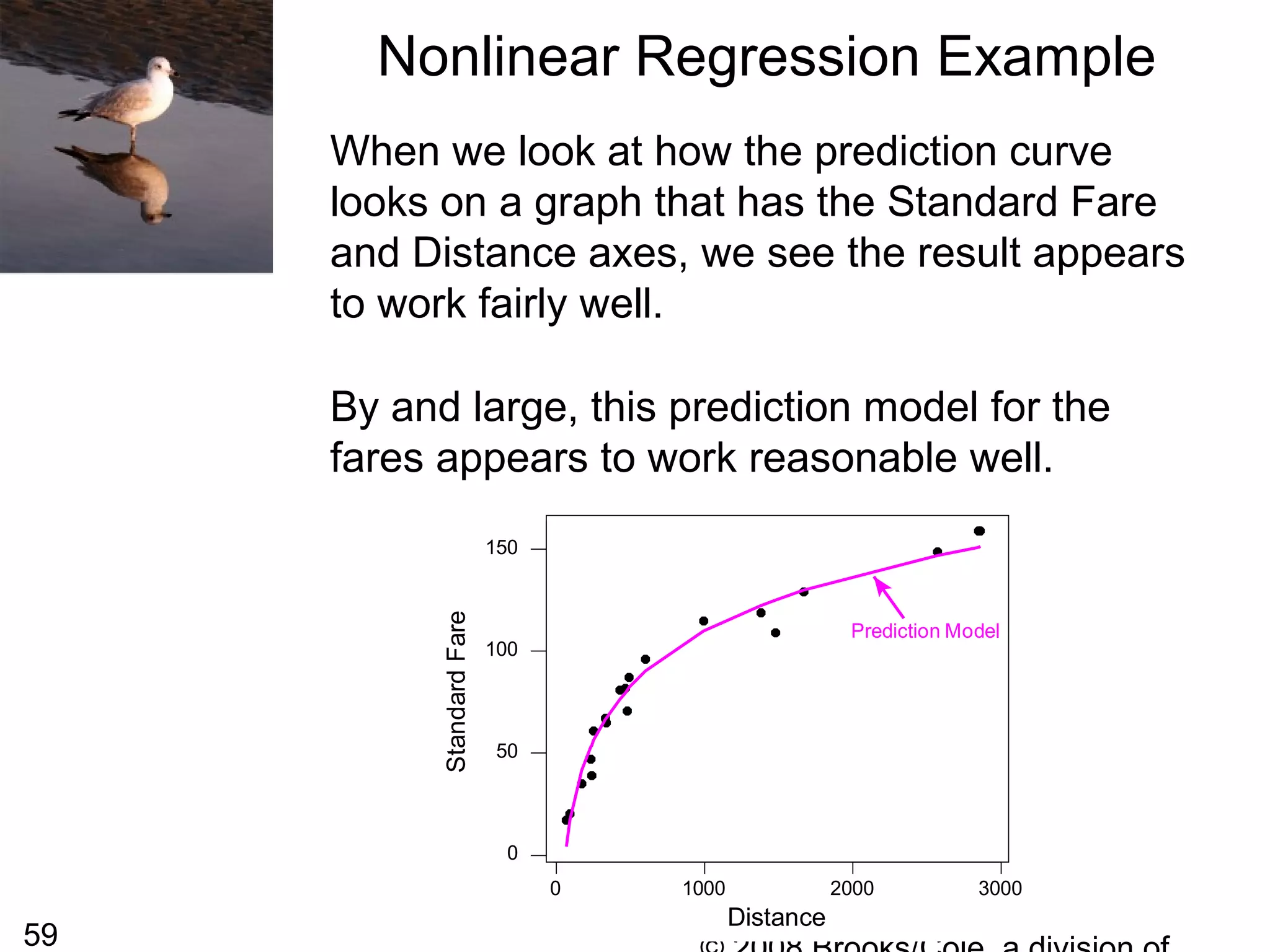 59
When we look at how the prediction curve
looks on a graph that has the Standard Fare
and Distance axes, we see the result appears
to work fairly well.
By and large, this prediction model for the
fares appears to work reasonable well.
Nonlinear Regression Example
3000200010000
150
100
50
0
Distance
StandardFare
Prediction Model
 