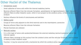 Other Nuclei of the Thalamus
 Intralaminar nuclei
• Small collection of nerve cells within the internal medullary lamina
• Receives afferent fibers from the reticular formation, spinothalamic & trigeminothalamic tract; they send
efferent fibers to other thalamic nuclei, which in turn project to the cerebral cortex, & fibers to the corpus
striatum
• Nucleus influence the levels of consciousness and alertless
 Midline nuclei
• Groups of nerve cells adjacent to the third ventricle and in the interthalamic connection
• Receives afferent fibers from the reticular formation
• Precise functions are unknown
 Reticular nucleus
• It is a thin layer of nerve cells sandwiched between the external medullary lamina & posterior limb of the
internal capsule
• Afferent fibers converge on this nucleus from the cerebral cortex and the reticular formation, and its output
is mainly to other thalamic nuclei
• Function: it may be concerned with a mechanism by which the cerebral cortex regulates thalamic activity
 