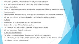  In thalamic syndrome, whole body becomes hypersensitive to pain.
 Effects of thalamic lesion occur in the contralateral (opposite) side
 1. Loss of Sensations
 Loss of all sensations (anesthesia) occurs as the sensory relay system in thalamus is affected.
 2. Astereognosis
 Astereognosis is the loss of ability to recognize a known object by touch with closed eyes.
 It is due to the loss of tactile and kinesthetic sensations in thalamic syndrome.
 3. Ataxia
 Ataxia refers to incoordination of voluntary movements.
 It occurs due to loss of kinesthetic sensation.
 This type of ataxia due to loss of sensation is called sensory ataxia.
 It is very common in thalamic syndrome.
 4. Thalamic Phantom Limb
 The patient is unable to locate the position of a limb with closed eyes.
 The patient may search for the limb in air or may have the illusion that the limb is lost.
 This is called thalamic phantom limb.
 