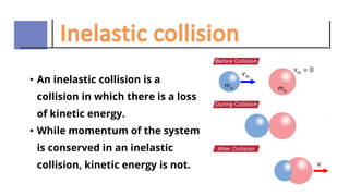 • An inelastic collision is a
collision in which there is a loss
of kinetic energy.
• While momentum of the system
is conserved in an inelastic
collision, kinetic energy is not.