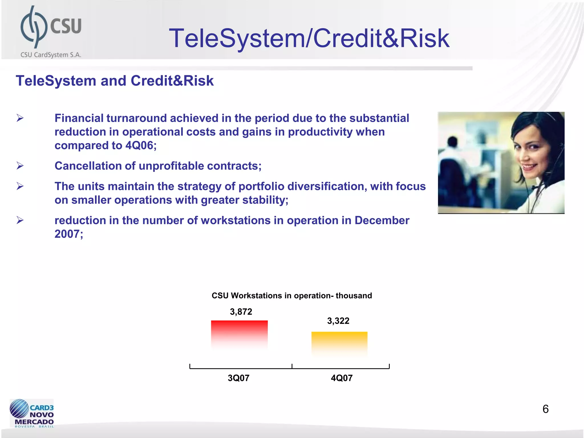 TeleSystem/Credit&Risk
TeleSystem and Credit&Risk

    Financial turnaround achieved in the period due to the substantial
     reduction in operational costs and gains in productivity when
     compared to 4Q06;
    Cancellation of unprofitable contracts;
    The units maintain the strategy of portfolio diversification, with focus
     on smaller operations with greater stability;
    reduction in the number of workstations in operation in December
     2007;




                                   CSU Workstations in operation- thousand

                                       3,872
                                                               3,322




                                      3Q07                     4Q07


                                                                                6
 