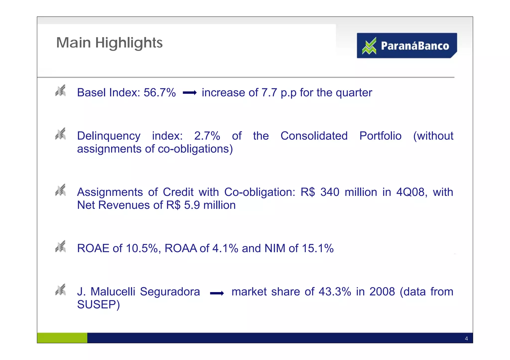 Main Highlights


  Basel Index: 56.7%        increase of 7.7 p.p for the quarter
                                            pp          q


  Delinquency index: 2.7% of the Consolidated Portfolio (without
  assignments of co-obligations)


  Assignments of Credit with Co-obligation: R$ 340 million in 4Q08, with
  Net Revenues of R$ 5.9 million


  ROAE of 10.5%, ROAA of 4.1% and NIM of 15.1%


  J. Malucelli Seguradora         market share of 43.3% in 2008 (data from
  SUSEP)

                                                                             4
 
