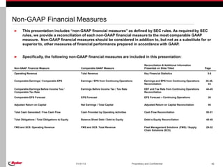Non-GAAP Financial Measures
►      This presentation includes “non-GAAP financial measures” as defined by SEC rules. As required by SEC
       rules, we provide a reconciliation of each non-GAAP financial measure to the most comparable GAAP
       measure. Non-GAAP financial measures should be considered in addition to, but not as a substitute for or
       superior to, other measures of financial performance prepared in accordance with GAAP.


►      Specifically, the following non-GAAP financial measures are included in this presentation:

                                                                                                         Reconciliation & Additional Information
Non-GAAP Financial Measure                            Comparable GAAP Measure                            Presented on Slide Titled                     Page

Operating Revenue                                     Total Revenue                                      Key Financial Statistics                       5-6


Comparable Earnings / Comparable EPS                  Earnings / EPS from Continuing Operations          Earnings and EPS from Continuing Operations   38-40,
                                                                                                         Reconciliation                                  43

Comparable Earnings Before Income Tax /               Earnings Before Income Tax / Tax Rate              EBT and Tax Rate from Continuing Operations   44-45
Comparable Tax Rate                                                                                      Reconciliation

Comparable EPS Forecast                               EPS Forecast                                       EPS Forecast – Continuing Operations            26

Adjusted Return on Capital                            Net Earnings / Total Capital                       Adjusted Return on Capital Reconciliation       46

Total Cash Generated / Free Cash Flow                 Cash Provided by Operating Activities              Cash Flow Reconciliation                      50-51

Total Obligations / Total Obligations to Equity       Balance Sheet Debt / Debt to Equity                Debt to Equity Reconciliation                 48-49


FMS and SCS Operating Revenue                         FMS and SCS Total Revenue                          Fleet Management Solutions (FMS) / Supply     29-32
                                                                                                         Chain Solutions (SCS)




                                                  01/31/13                                    Proprietary and Confidential                                    42
 