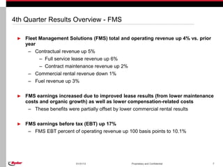 4th Quarter Results Overview - FMS

 ►   Fleet Management Solutions (FMS) total and operating revenue up 4% vs. prior
     year
      – Contractual revenue up 5%
           – Full service lease revenue up 6%
           – Contract maintenance revenue up 2%
      – Commercial rental revenue down 1%
      – Fuel revenue up 3%


 ►   FMS earnings increased due to improved lease results (from lower maintenance
     costs and organic growth) as well as lower compensation-related costs
      – These benefits were partially offset by lower commercial rental results


 ►   FMS earnings before tax (EBT) up 17%
      – FMS EBT percent of operating revenue up 100 basis points to 10.1%




                           01/31/13                  Proprietary and Confidential   7
 