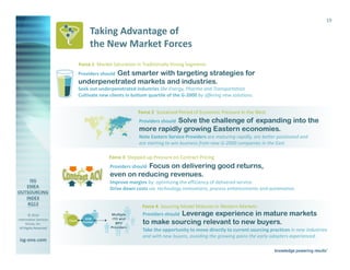 19

Taking Advantage of
the New Market Forces
Force 1 Market Saturation in Traditionally Strong Segments

Get smarter with targeting strategies for
underpenetrated markets and industries.
Providers should

Seek out underpenetrated industries like Energy, Pharma and Transportation.
Cultivate new clients in bottom quartile of the G-2000 by offering new solutions.
Force 2 Sustained Period of Economic Pressure in the West

Solve the challenge of expanding into the
more rapidly growing Eastern economies.
Providers should

Note Eastern Service Providers are maturing rapidly, are better positioned and
are starting to win business from new G-2000 companies in the East.
Force 3 Stepped-up Pressure on Contract Pricing

Focus on delivering good returns,
even on reducing revenues.
Providers should

Improve margins by optimizing the efficiency of delivered service.
Drive down costs via technology innovations, process enhancements and automation.

© 2014
Information Services
Group, Inc.
All Rights Reserved

isg-one.com

Force 4 Sourcing Model Matures in Western Markets
Providers should Leverage experience in

mature markets
to make sourcing relevant to new buyers.

Take the opportunity to move directly to current sourcing practices in new industries
and with new buyers, avoiding the growing pains the early adopters experienced.
*Contracts with ACV ≥ €4M from the ISG Contracts Knowledgebase®

 