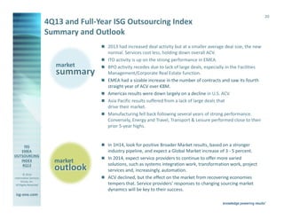 4Q13 and Full-Year ISG Outsourcing Index
Summary and Outlook

market

summary

market

outlook
© 2014
Information Services
Group, Inc.
All Rights Reserved

2013 had increased deal activity but at a smaller average deal size, the new
normal. Services cost less, holding down overall ACV.
ITO activity is up on the strong performance in EMEA.
BPO activity recedes due to lack of large deals, especially in the Facilities
Management/Corporate Real Estate function.
EMEA had a sizable increase in the number of contracts and saw its fourth
straight year of ACV over €8M.
Americas results were down largely on a decline in U.S. ACV.
Asia Pacific results suffered from a lack of large deals that
drive their market.
Manufacturing fell back following several years of strong performance.
Conversely, Energy and Travel, Transport & Leisure performed close to their
prior 5-year highs.

In 1H14, look for positive Broader Market results, based on a stronger
industry pipeline, and expect a Global Market increase of 3 - 5 percent.
In 2014, expect service providers to continue to offer more varied
solutions, such as systems integration work, transformation work, project
services and, increasingly, automation.
ACV declined, but the effect on the market from recovering economies
tempers that. Service providers’ responses to changing sourcing market
dynamics will be key to their success.

isg-one.com
*Contracts with ACV ≥ €4M from the ISG Contracts Knowledgebase®

20

 