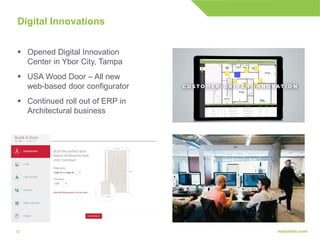 1212
Digital Innovations
 Opened Digital Innovation
Center in Ybor City, Tampa
 USA Wood Door – All new
web-based door configurator
 Continued roll out of ERP in
Architectural business
 