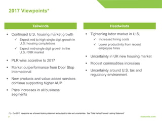 2121
2017 Viewpoints*
 Continued U.S. housing market growth
 Expect mid to high-single digit growth in
U.S. housing completions
 Expect mid-single digit growth in the
U.S. RRR market
 PLR wins accretive to 2017
 Market outperformance from Door Stop
International
 New products and value-added services
continue supporting higher AUP
 Price increases in all business
segments
 Tightening labor market in U.S.
 Increased hiring costs
 Lower productivity from recent
employee hires
 Uncertainty in UK new housing market
 Modest commodities increases
 Uncertainty around U.S. tax and
regulatory environment
Tailwinds Headwinds
(*) – Our 2017 viewpoints are a forward-looking statement and subject to risks and uncertainties. See "Safe Harbor/Forward Looking Statement”
 