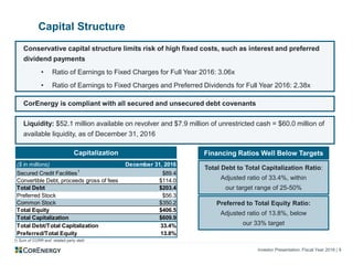 Investor Presentation: Fiscal Year 2016 | 9
Capital Structure
Capitalization
Preferred to Total Equity Ratio:
Adjusted ratio of 13.8%, below
our 33% target
Financing Ratios Well Below Targets
Total Debt to Total Capitalization Ratio:
Adjusted ratio of 33.4%, within
our target range of 25-50%
Conservative capital structure limits risk of high fixed costs, such as interest and preferred
dividend payments
• Ratio of Earnings to Fixed Charges for Full Year 2016: 3.06x
• Ratio of Earnings to Fixed Charges and Preferred Dividends for Full Year 2016: 2.38x
Liquidity: $52.1 million available on revolver and $7.9 million of unrestricted cash = $60.0 million of
available liquidity, as of December 31, 2016
CorEnergy is compliant with all secured and unsecured debt covenants
1) Sum of CORR and related party debt
($ in millions) December 31, 2016
Secured Credit Facilities1
$89.4
Convertible Debt, proceeds gross of fees $114.0
Total Debt $203.4
Preferred Stock $56.3
Common Stock $350.2
Total Equity $406.5
Total Capitalization $609.9
Total Debt/Total Capitalization 33.4%
Preferred/Total Equity 13.8%
 