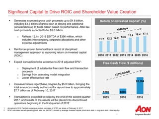 7
11.7 12.2 12.9 13.6
15.4 16.4 17.1
2010 2011 2012 2013 2014 2015 2016
$186 $696
$2,104
2005 2010 2016
Significant Capital to Drive ROIC and Shareholder Value Creation
 Generates expected gross cash proceeds up to $4.8 billion,
including $4.3 billion of gross cash at closing and additional
consideration up to $500 million based on performance. After-tax
cash proceeds expected to be $3.0 billion:
o Reflects 12.1x 2016 EBITDA of $396 million, which
includes intercompany, corporate allocations and other
expense adjustments
 Reinforces proven historical track record of disciplined
management approach to improving return on invested capital
(ROIC)
 Expect transaction to be accretive to 2018 adjusted EPS1:
o Deployment of substantial free cash flow and transaction
proceeds
o Savings from operating model integration
o Lower effective tax rate
 Increased share repurchase program by $5.0 billion, bringing the
total amount currently authorized for repurchase to approximately
$7.7 billion as of February 10, 2017
 Transaction is expected to close by the end of the second quarter
2017, and results of the assets will be placed into discontinued
operations beginning in the first quarter of 2017
Return on Invested Capital2 (%)
Free Cash Flow ($ millions)
1 Accretive to 2018 FactSet consensus analyst estimates of $7.97 per share on February 9, 2017.
2 ROIC calculated as net operating profit after tax (NOPAT) divided by average invested capital (short-term debt, + long-term debt + total equity).
 