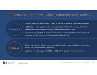 ISG Confidential. © 2018 Information Services Group, Inc. All Rights Reserved 17
EMEA Q4 2017
Full Year 2017 ISG Index - Global Summary and Outlook
● Combined Market saw double-digit Y/Y growth for the quarter led by the Americas and Asia-Pacific
● For 2017, As-a-Service segment continued to surge ahead with Public Cloud leading the market;
SaaS and Traditional Sourcing segments still showed slow but positive growth
● Financial Services grew both its Traditional Sourcing and As-a-Service profile; other industries such
as Business Services, Travel and Healthcare also featured similar gains
● Changes in U.S. tax laws should free up money to be invested in projects and digital transformation,
ensuring that both IaaS and SaaS will flourish
● Expect to see As-a-Service growth of 20%+ in 2018 with 4% growth in Traditional Sourcing
Summary
Outlook
 