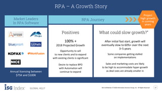 ISG Confidential. © 2018 Information Services Group, Inc. All Rights Reserved 17
GLOBAL 4Q17
RPA – A Growth Story
Positives
100% +
2018 Projected Growth
Opportunity to sell
to new clients and to expand
with existing clients is significant
Desire to replace BPO
with Automation will
continue to expand
What could slow growth?”
After initial fast start, growth will
eventually slow to 60%+ over the next
3–5 years
Some companies getting stalled
on implementations
Sales and marketing costs are likely
to be high to accommodate hyper-growth
as deal sizes are already smaller in
RPA JourneyMarket Leaders
In RPA Software
Annual licensing between
$75K and $100K
Project
high growth
in coming
years
 