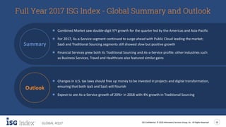 ISG Confidential. © 2018 Information Services Group, Inc. All Rights Reserved 19
GLOBAL 4Q17
Full Year 2017 ISG Index - Global Summary and Outlook
● Combined Market saw double-digit Y/Y growth for the quarter led by the Americas and Asia-Pacific
● For 2017, As-a-Service segment continued to surge ahead with Public Cloud leading the market;
SaaS and Traditional Sourcing segments still showed slow but positive growth
● Financial Services grew both its Traditional Sourcing and As-a-Service profile; other industries such
as Business Services, Travel and Healthcare also featured similar gains
● Changes in U.S. tax laws should free up money to be invested in projects and digital transformation,
ensuring that both IaaS and SaaS will flourish
● Expect to see As-a-Service growth of 20%+ in 2018 with 4% growth in Traditional Sourcing
Summary
Outlook
 